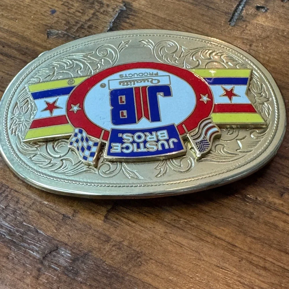 Vintage Justice Bros JB Racing Belt Buckle Gold‎ Tone Western Scrollwork Enamel